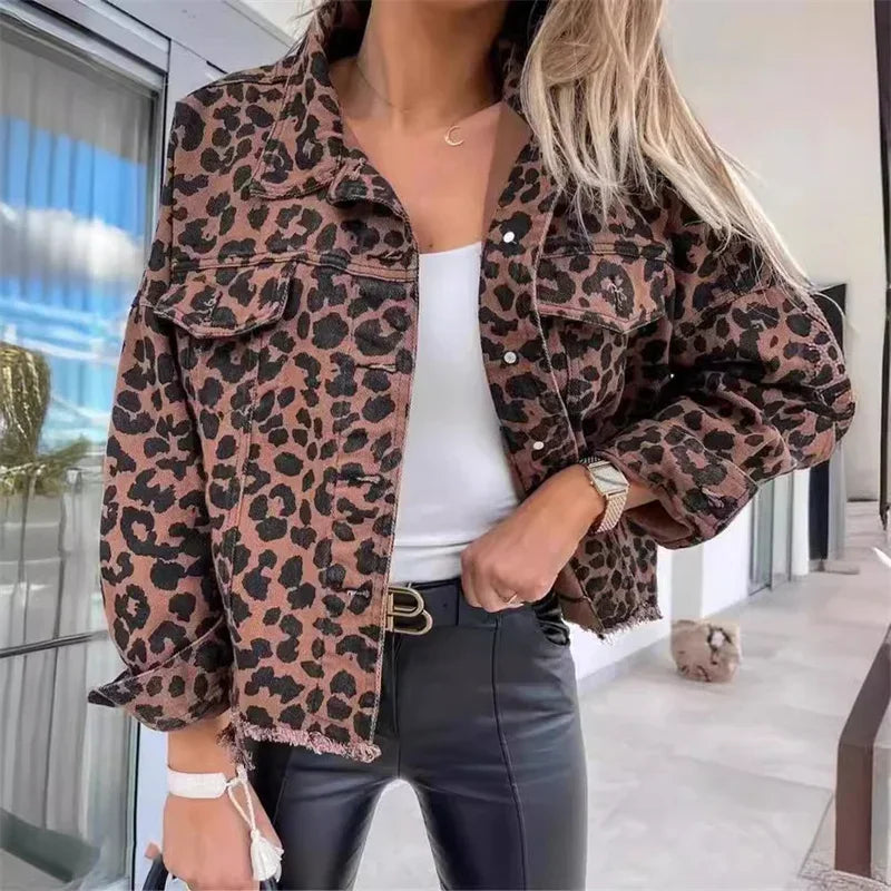 Caniyah – Panterprint Dames Denim Jas met Franjes