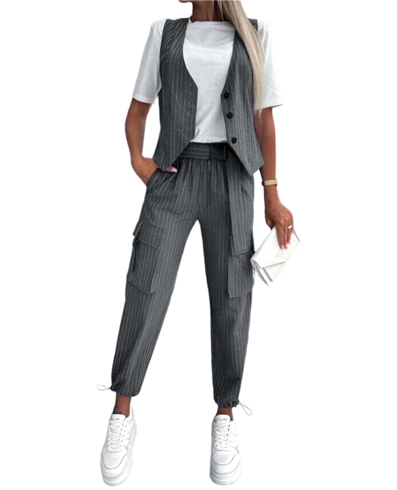 Camille – Gestreepte Dames Loungewear Set met Bodywarmer en Cuffed Broek