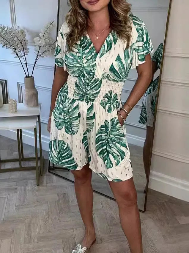 Lucía – V-Hals Dames Jumpsuit met Bladerenprint voor de Zomer