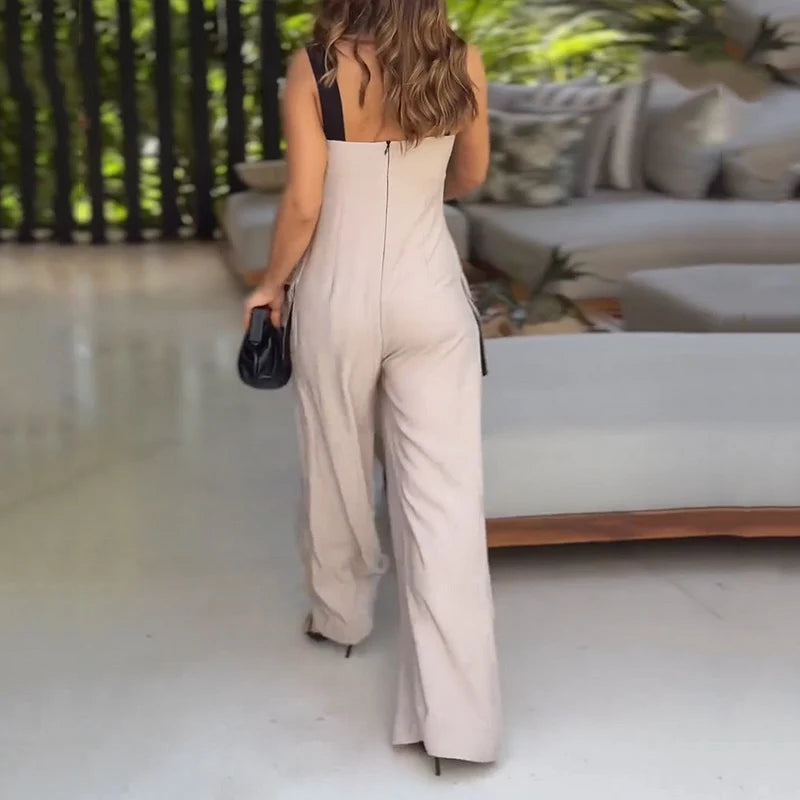 Elena – Rugloze Dames Colorblock Jumpsuit met Zakken