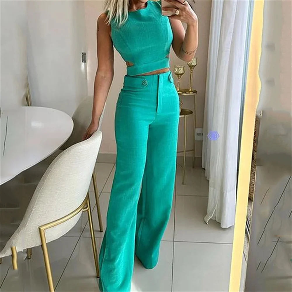 Zhavia – Elegante Tweedelige Dames Set met Wijde Pijpen