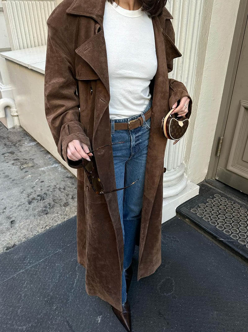 Marisol – Lange Dames Trenchcoat met Suède Look