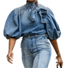 Elena – Denim Turtle Neck Blouse voor Dames met Knoopsluiting