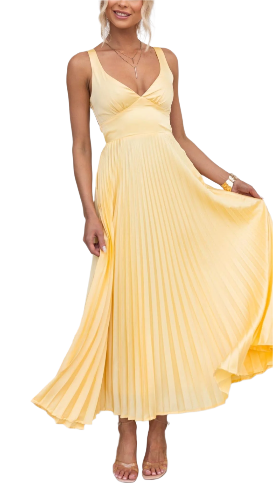 Isabella – Geplooide Gele Maxi Jurk voor Dames