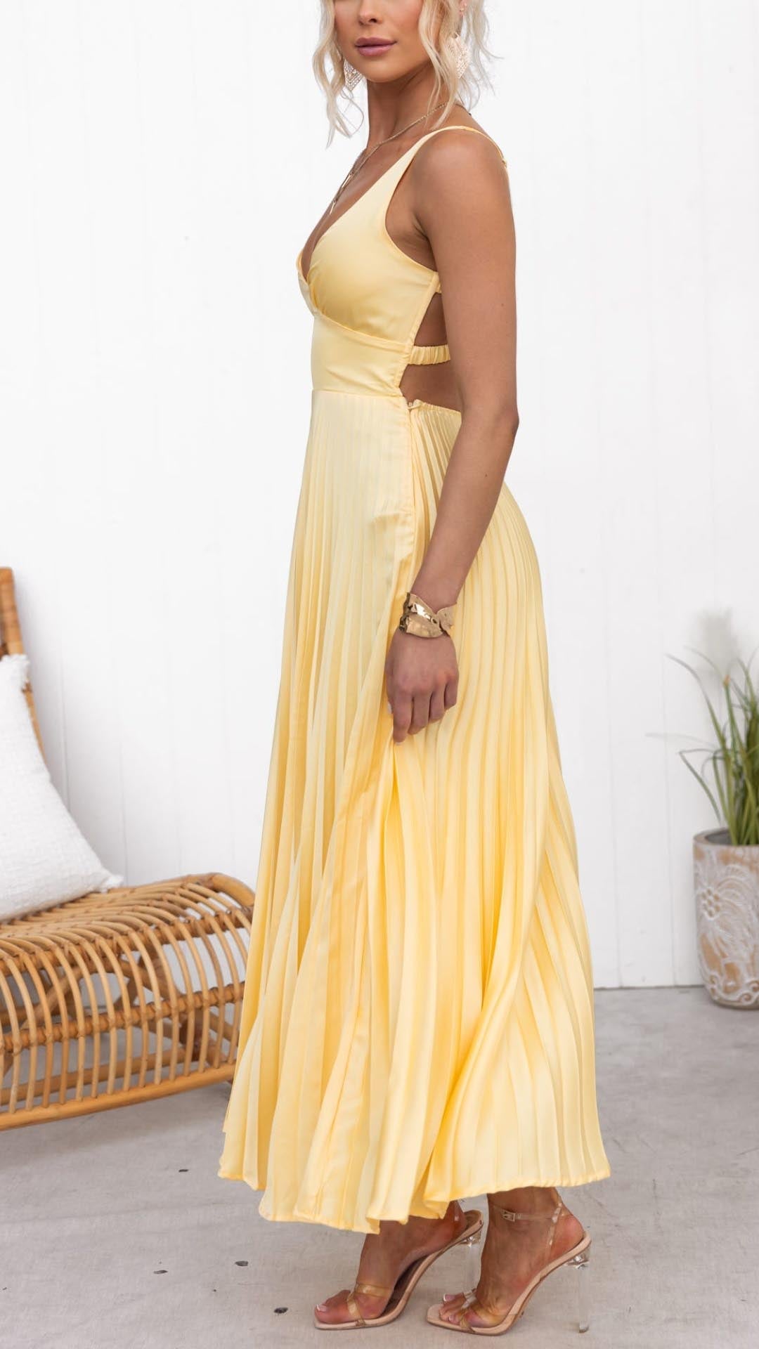 Isabella – Geplooide Gele Maxi Jurk voor Dames