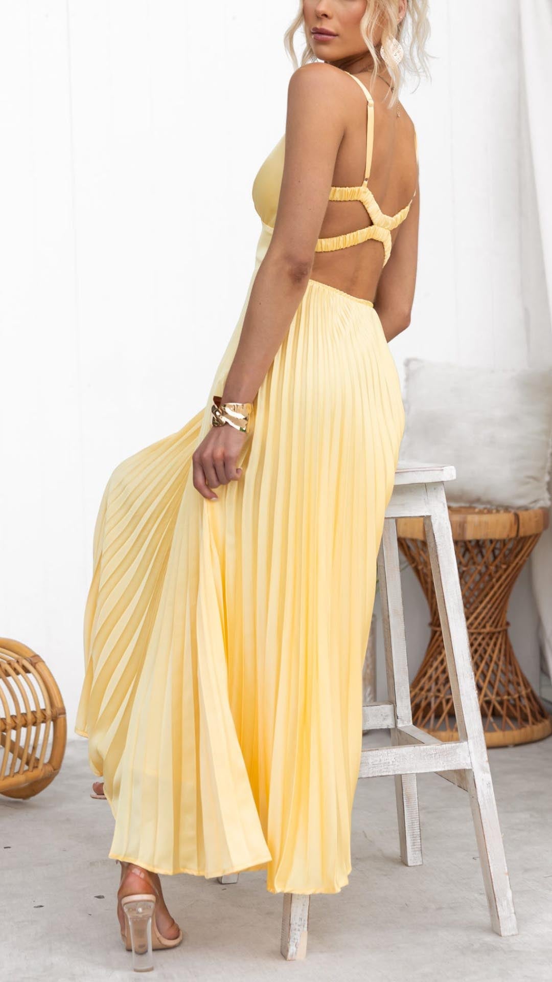 Isabella – Geplooide Gele Maxi Jurk voor Dames