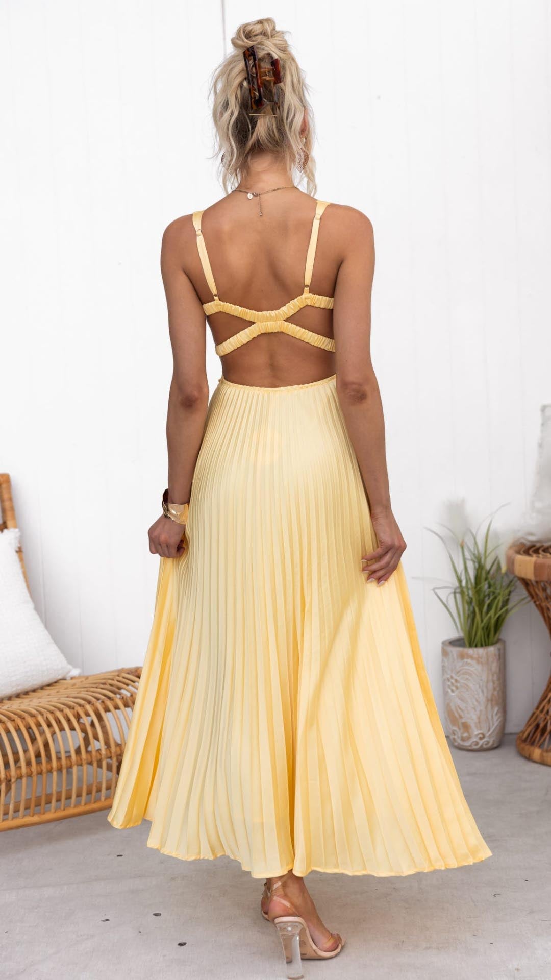 Isabella – Geplooide Gele Maxi Jurk voor Dames