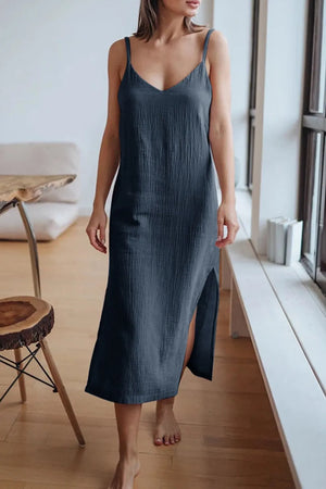 Giulia – V-Hals Katoenen Dames Midi Jurk met Split