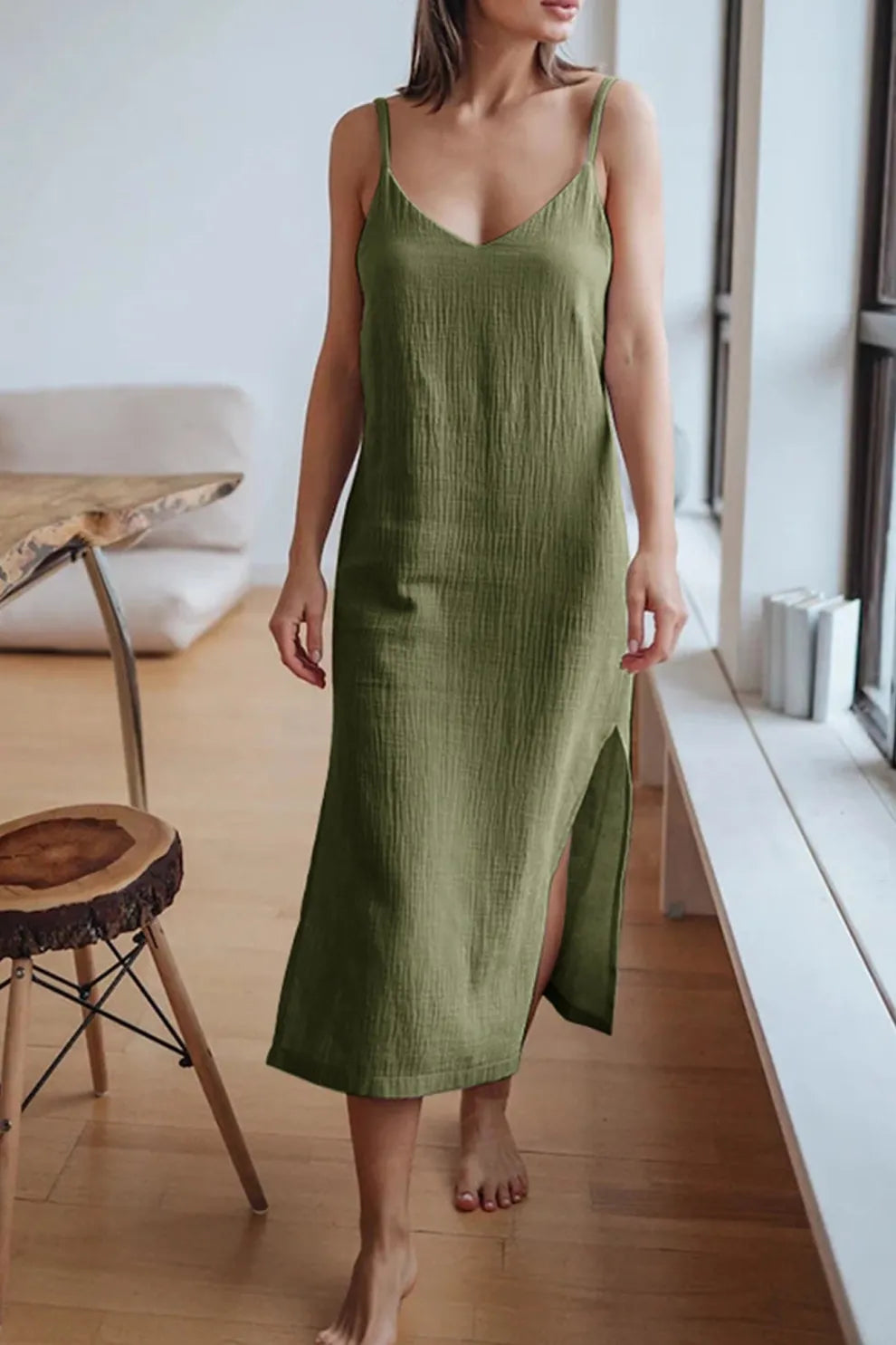Giulia – V-Hals Katoenen Dames Midi Jurk met Split