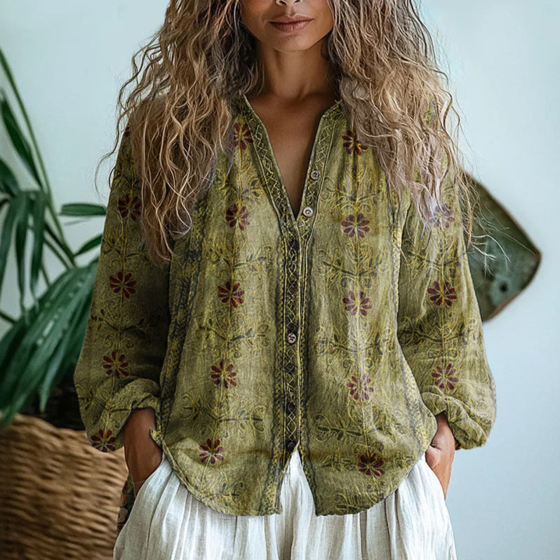 Katarina – Retro Blouse met Bladprint voor Dames