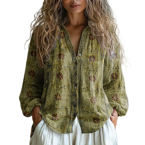 Katarina – Retro Blouse met Bladprint voor Dames
