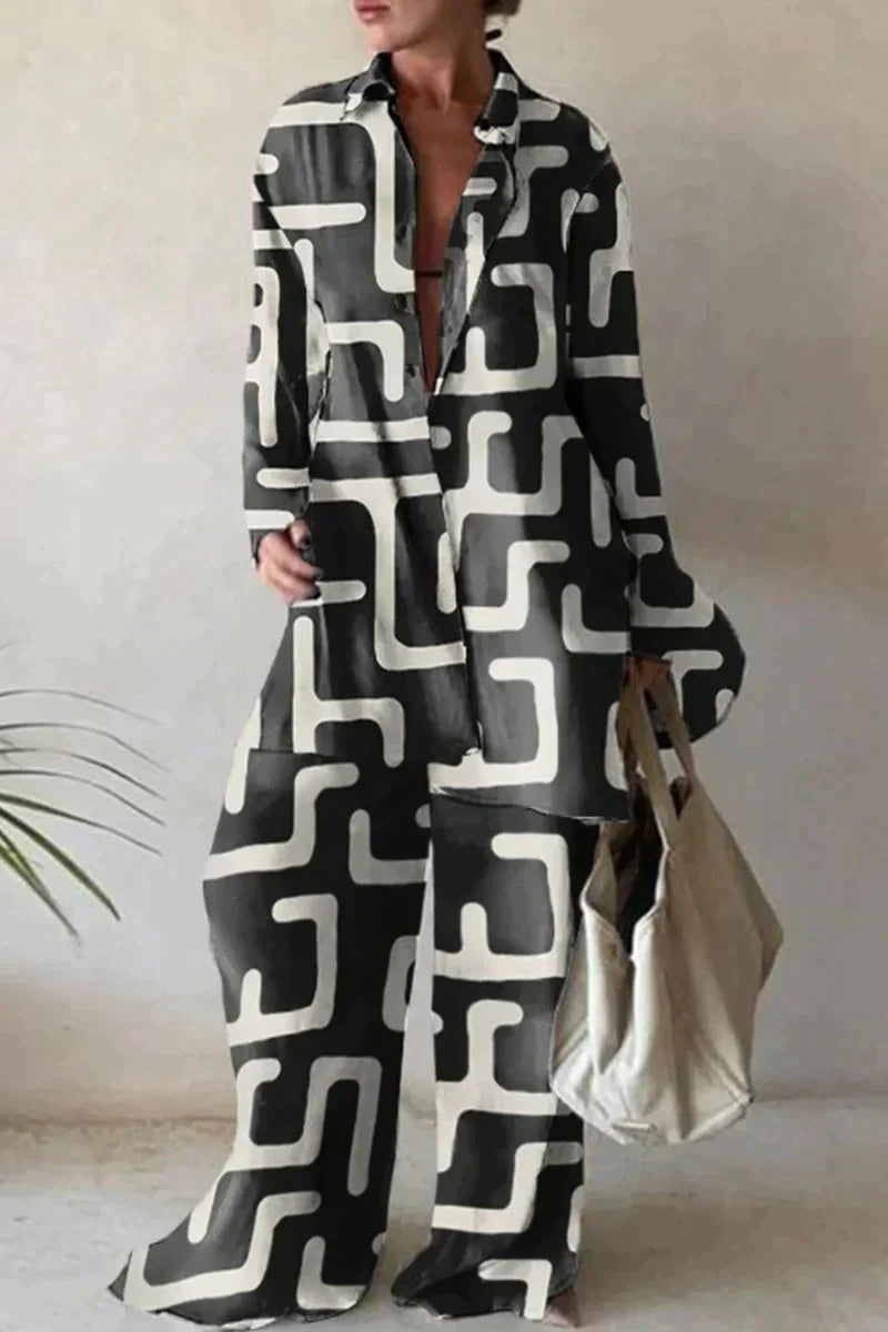 Macaria – Luchtige Tweedelige Dames Set met Wijde Broek en Blouse van Linnen