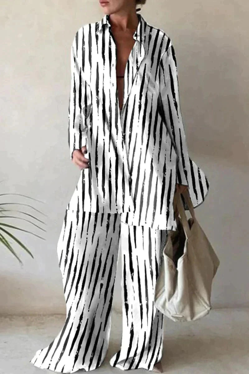 Macaria – Luchtige Tweedelige Dames Set met Wijde Broek en Blouse van Linnen