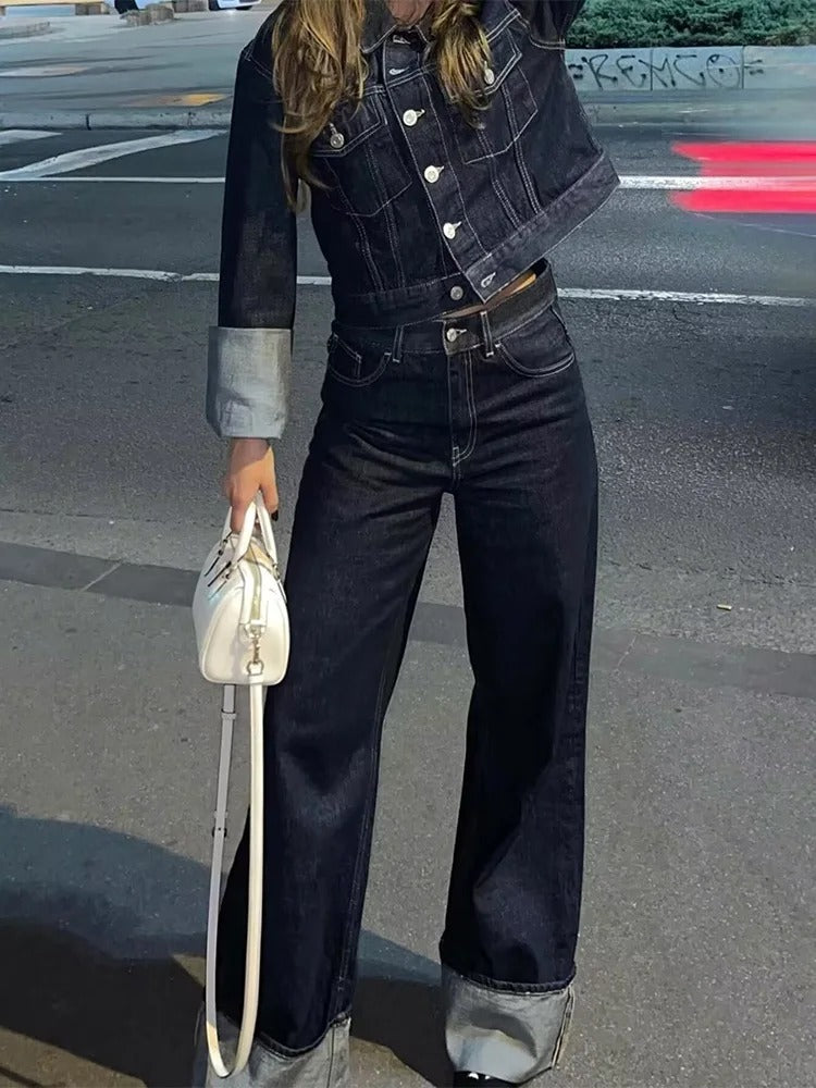 Sofia – Dames Denim Set met Cropped Jacket & Wide-Leg Jeans