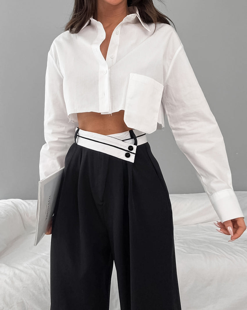 Isabella – Wijde Broek met Asymmetrische Tailleband voor Vrouwen