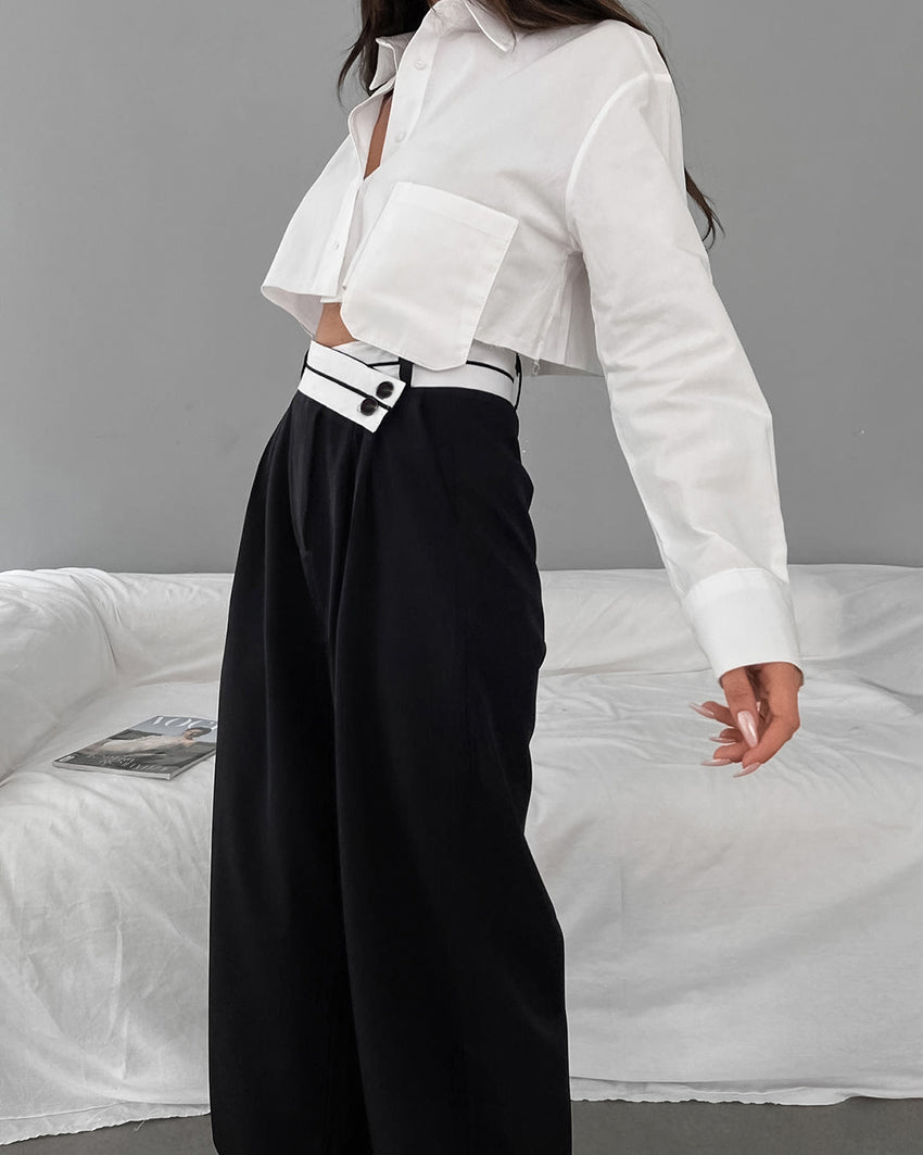 Isabella – Wijde Broek met Asymmetrische Tailleband voor Vrouwen