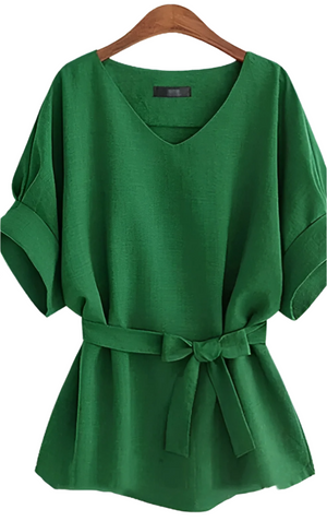 Batellina – Zomerse Chiffon Damesblouse met V-Hals en Strikceintuur