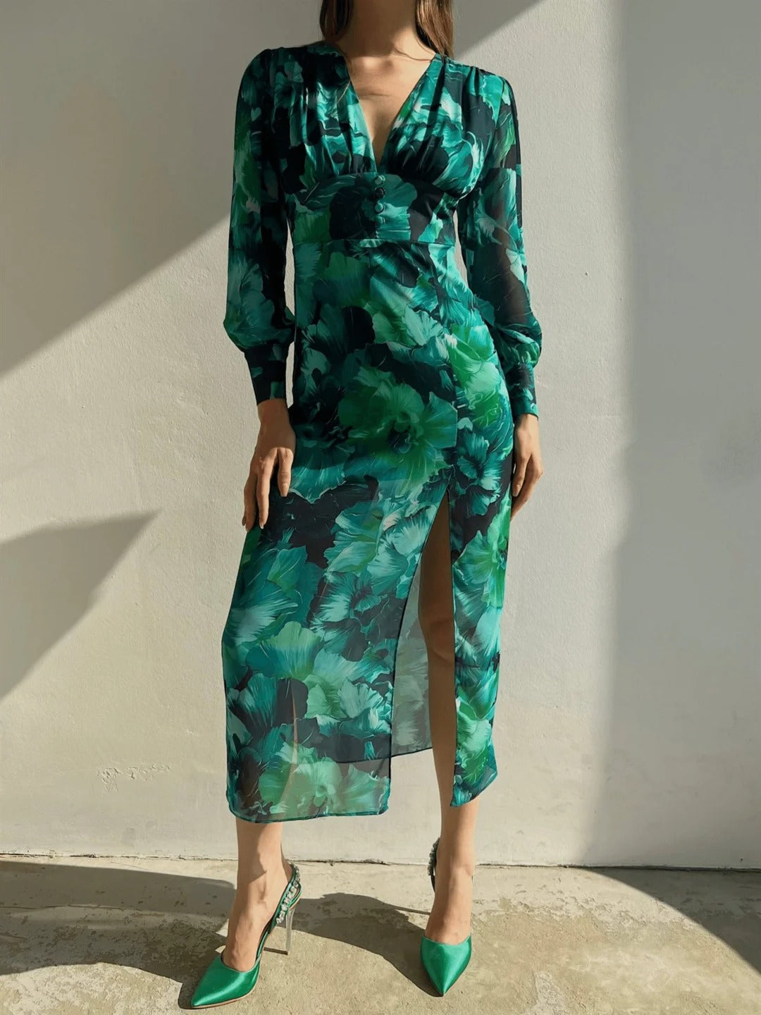 GiaZaffi™ Emerald Maxi Dress met lange mouwen