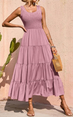 ValeriaMonti Gelaagd Smocked Jurk met Brede Bandjes