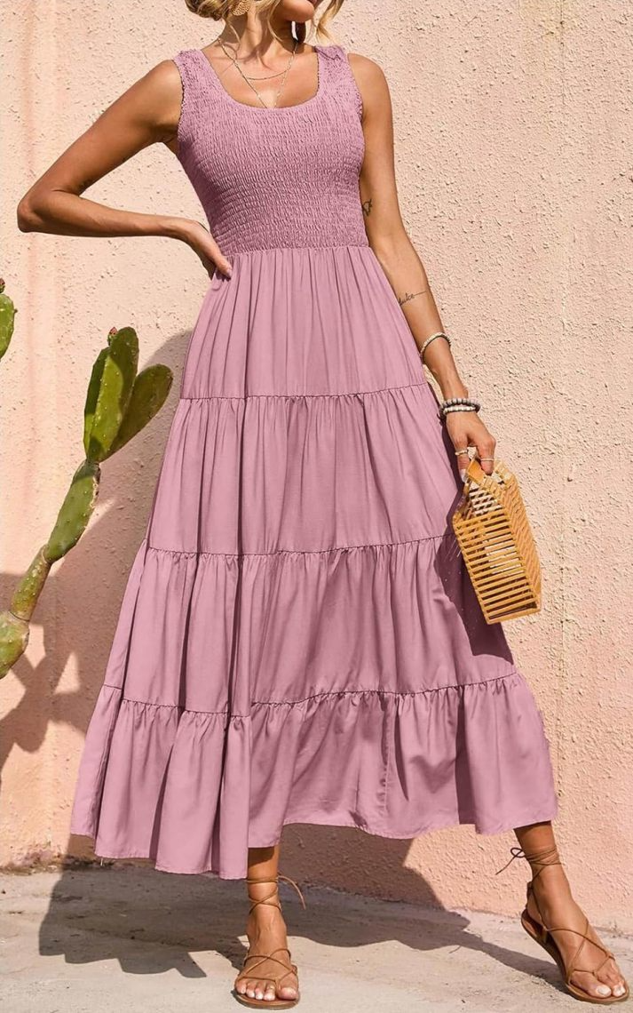 ValeriaMonti Gelaagd Smocked Jurk met Brede Bandjes