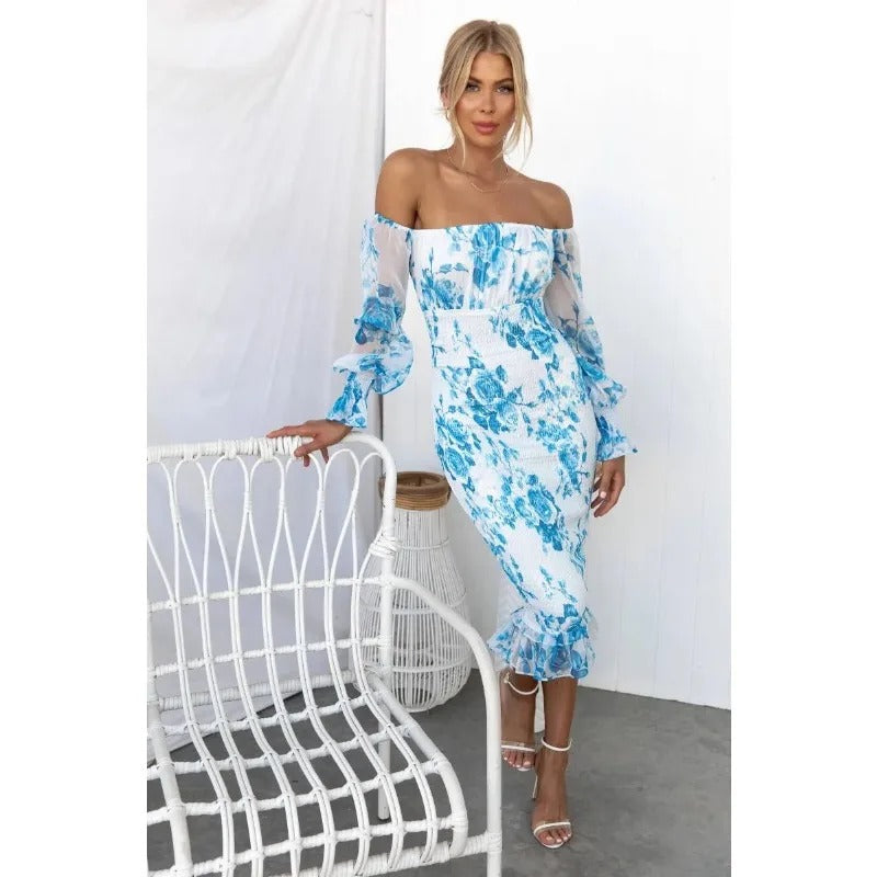 DarioConti Off Shoulder Gedrukte Tube Jurk