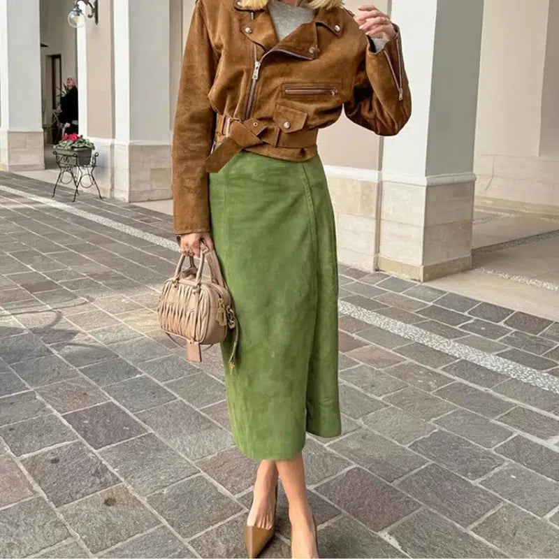 Isabella – Lange Groene Rok met Suède Look voor Dames
