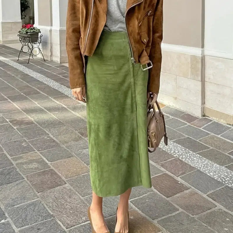 Isabella – Lange Groene Rok met Suède Look voor Dames