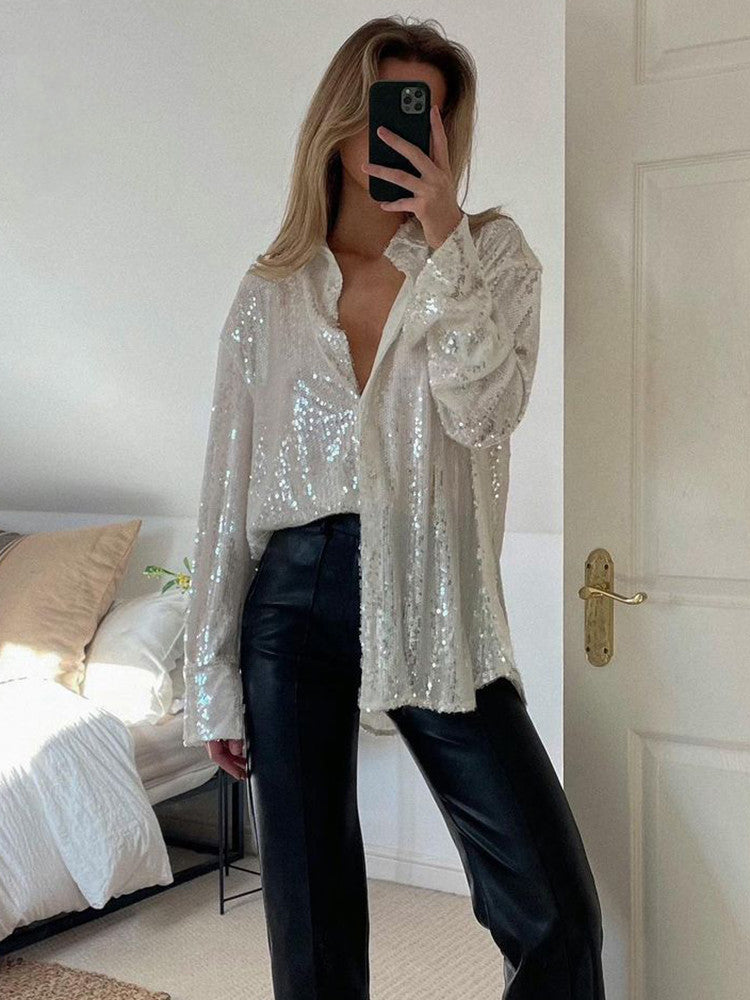 Isabella – Oversized Glitter Damesblouse