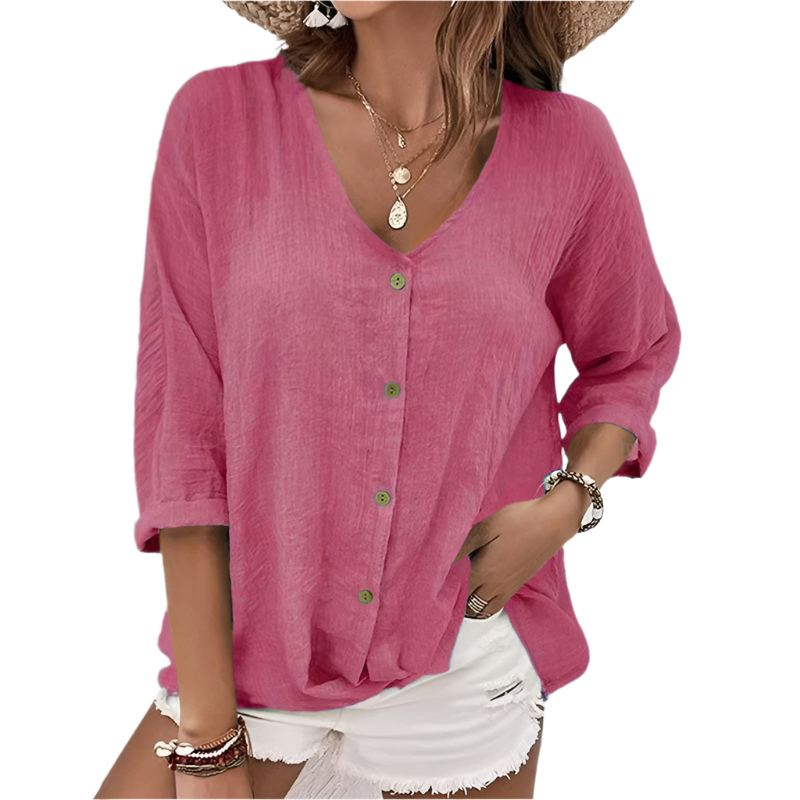 Isabella – Vrouwelijke V-Hals Blouse met Knoopsluiting en Losse Pasvorm
