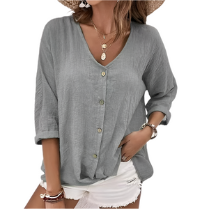 Isabella – Vrouwelijke V-Hals Blouse met Knoopsluiting en Losse Pasvorm