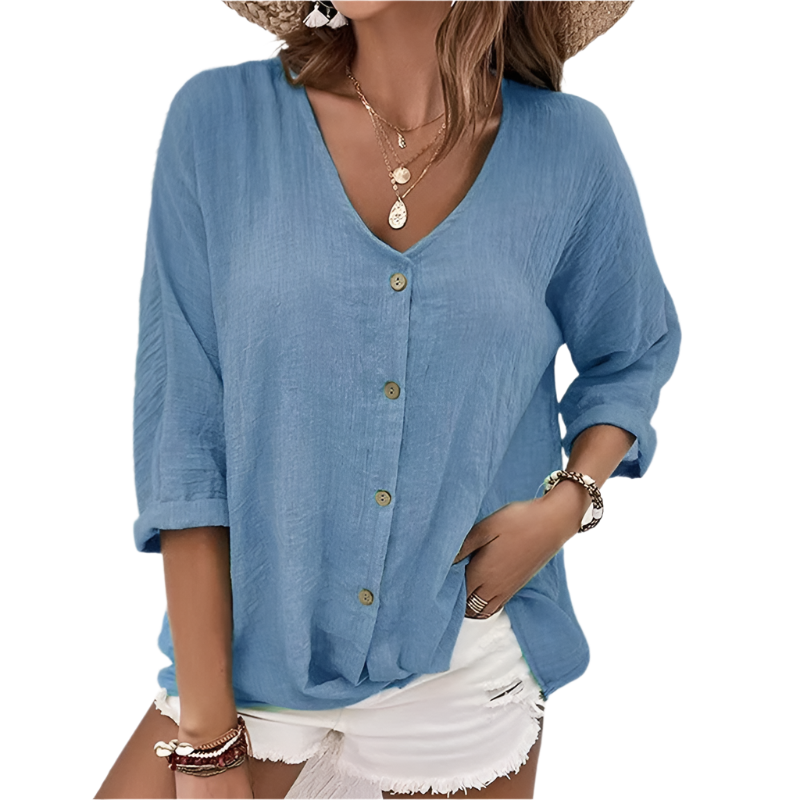 Isabella – Vrouwelijke V-Hals Blouse met Knoopsluiting en Losse Pasvorm