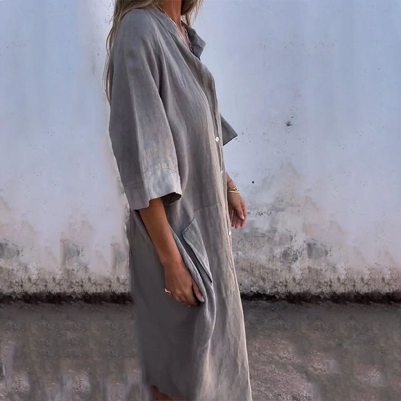 SofiaSantini™ Vrouwen Katoen Linnen Overhemd Stijl Casual Lange Jurk