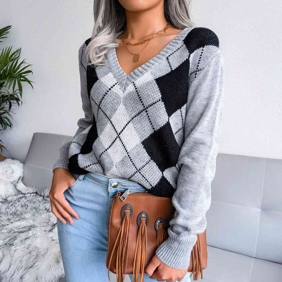 Sofia – Preppy Dames Argyle Gebreide Trui