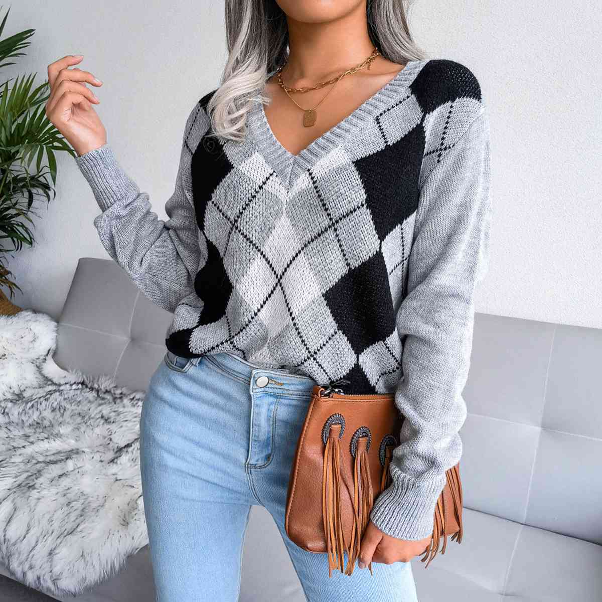 Sofia – Preppy Dames Argyle Gebreide Trui