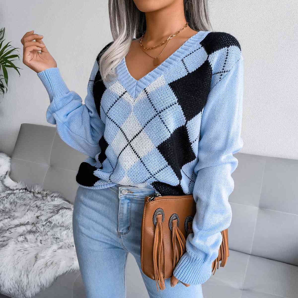 Sofia – Preppy Dames Argyle Gebreide Trui