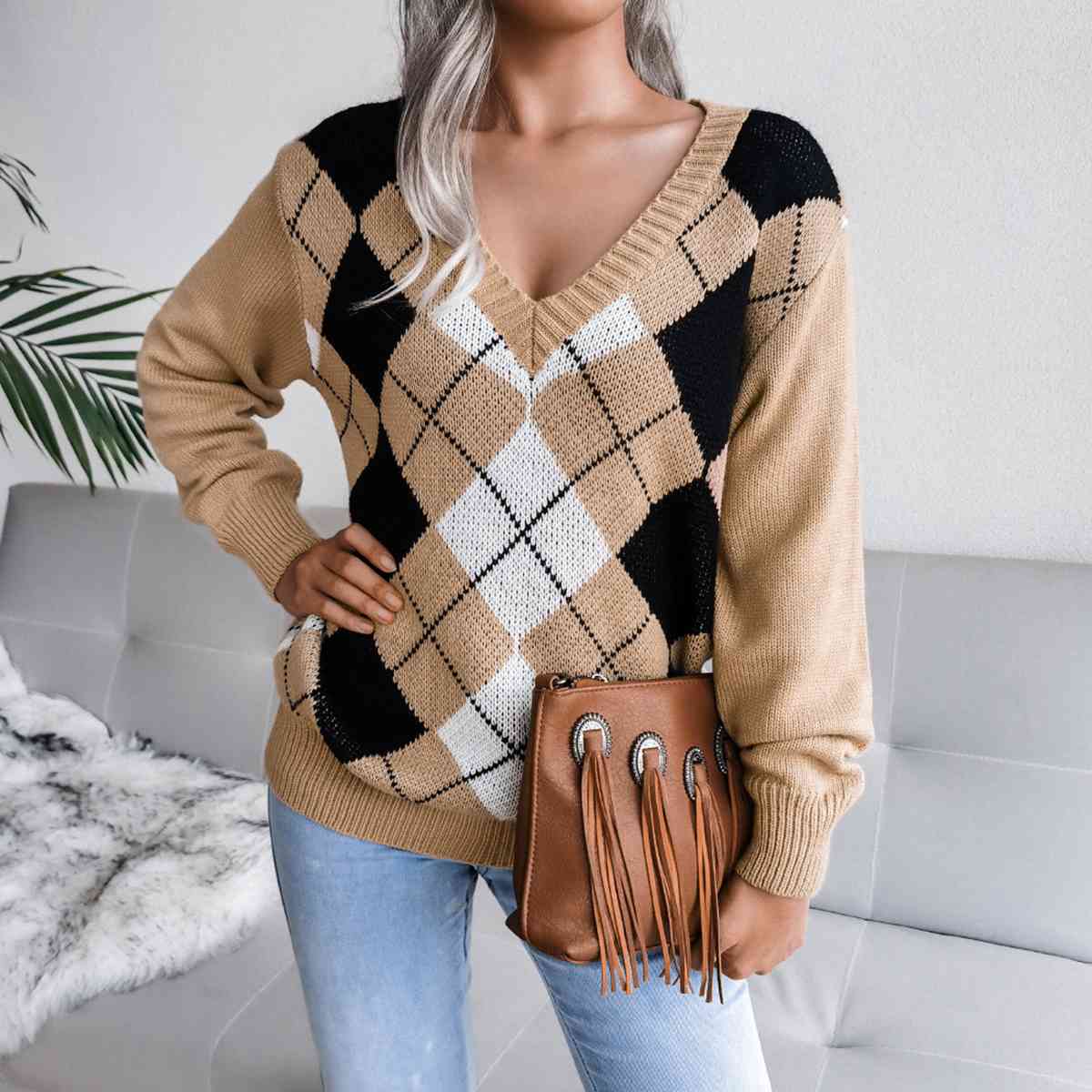 Sofia – Preppy Dames Argyle Gebreide Trui