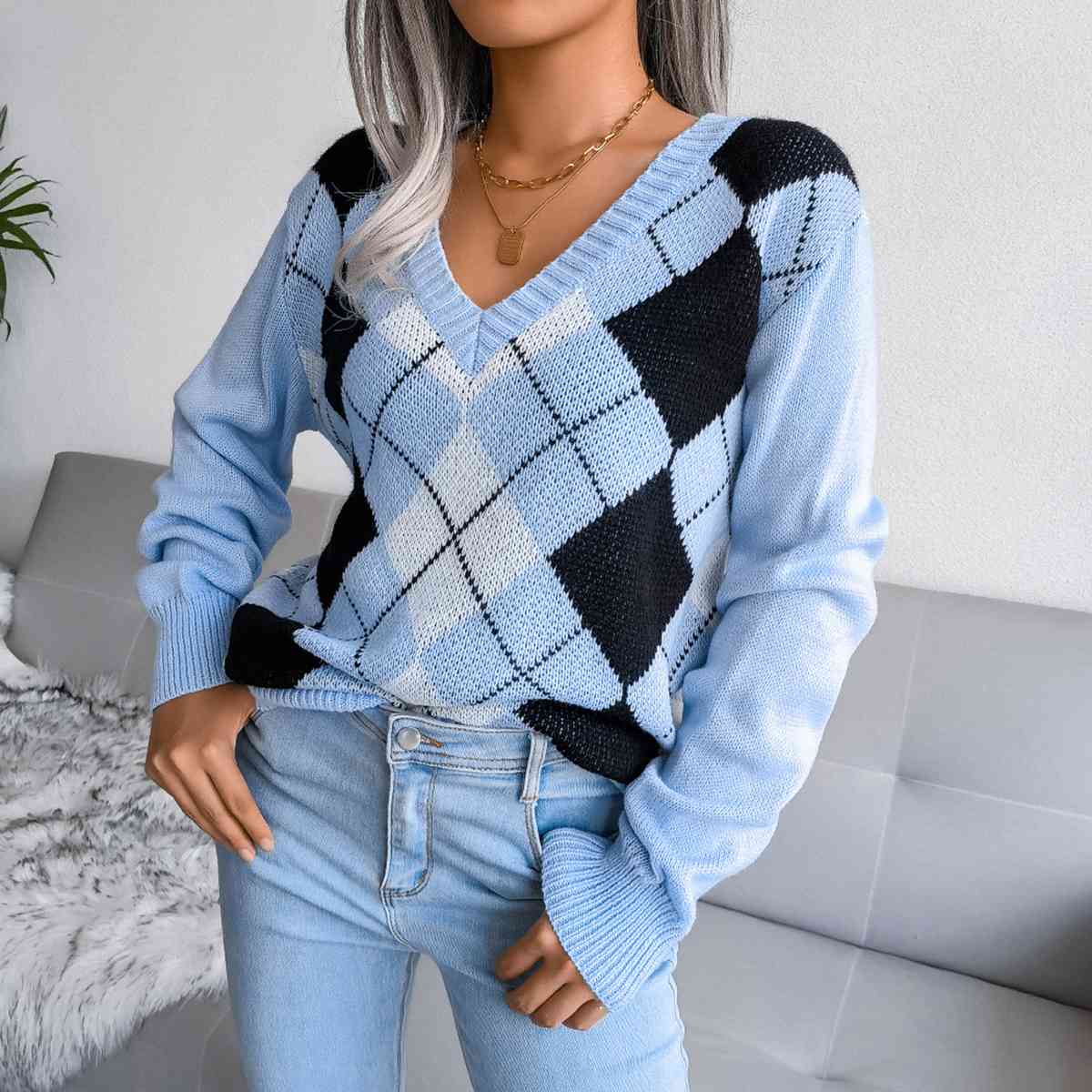 Sofia – Preppy Dames Argyle Gebreide Trui